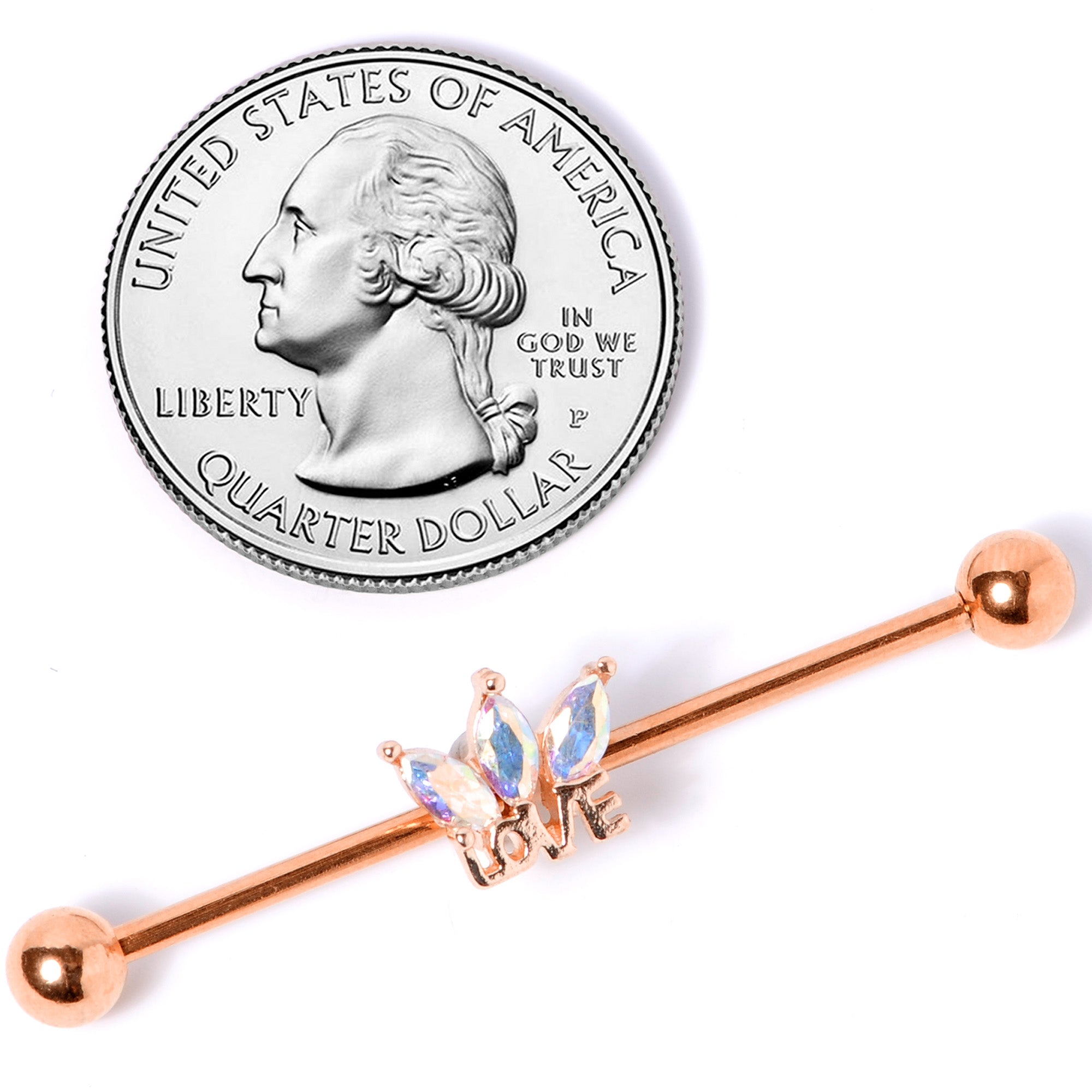 BodyCandy 14G Aurora Gem Rose Gold Tone Crown Love Industrial Barbell 38mm — side view
