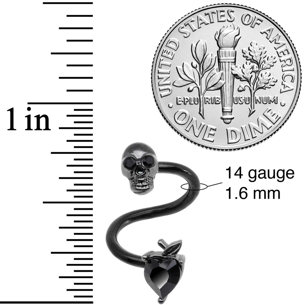 BodyCandy 14G 1/2 Black CZ Gem Halloween Skull Spiral Twister Belly Ring — detail close-up