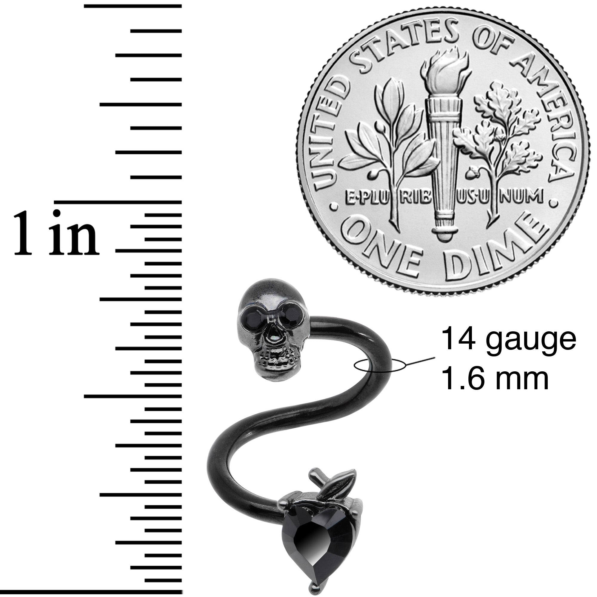 BodyCandy 14G 1/2 Black CZ Gem Halloween Skull Spiral Twister Belly Ring — detail close-up