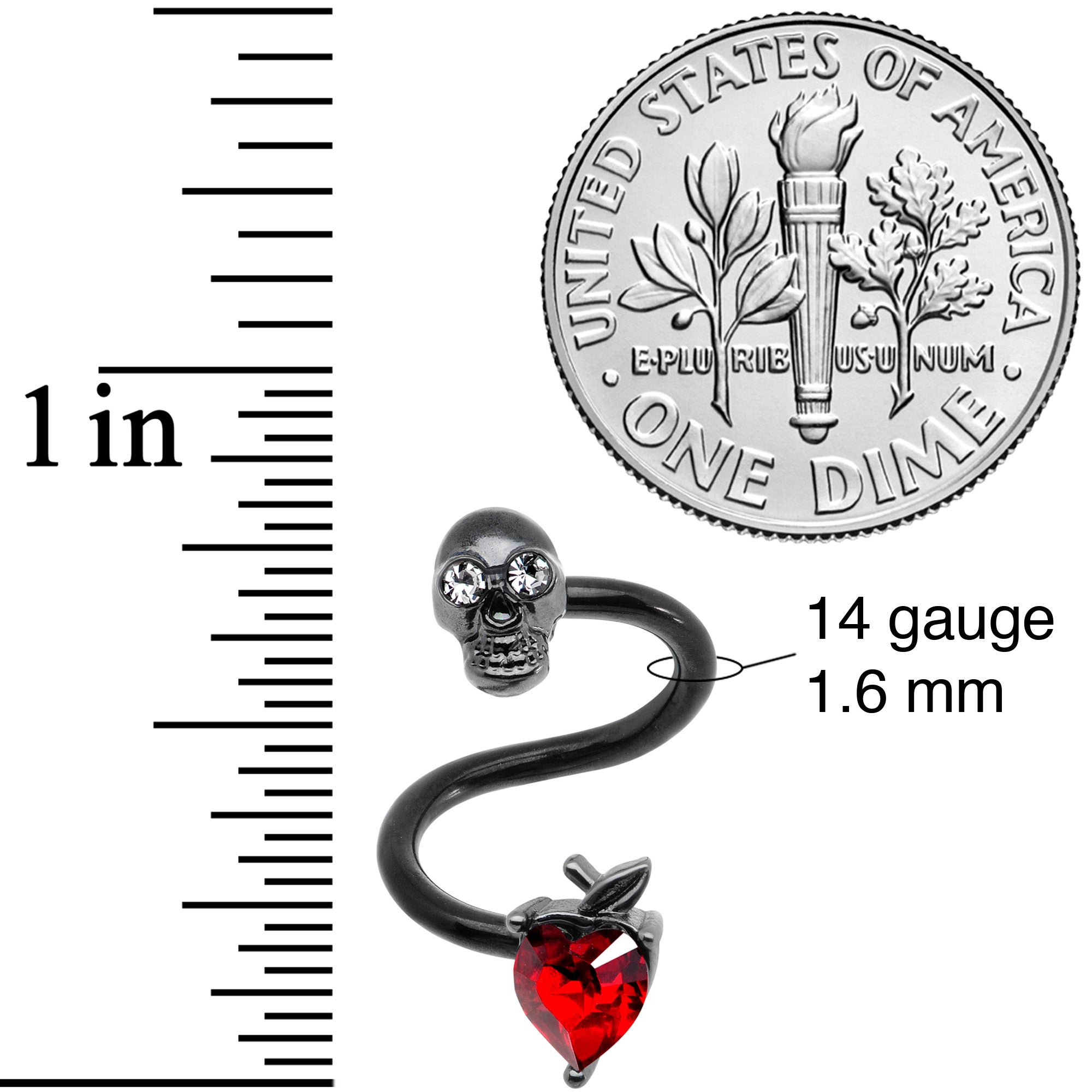 BodyCandy 14G 1/2 Red CZ Gem Halloween Skull Spiral Twister Belly Ring — detail close-up
