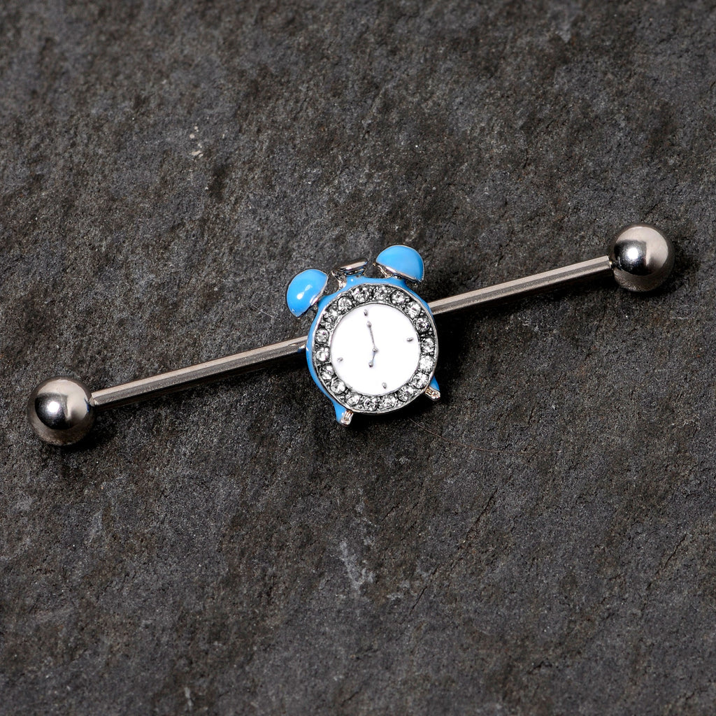 BodyCandy 14G Clear Gem Light Blue Alarm Clock Industrial Barbell 38mm — detail close-up