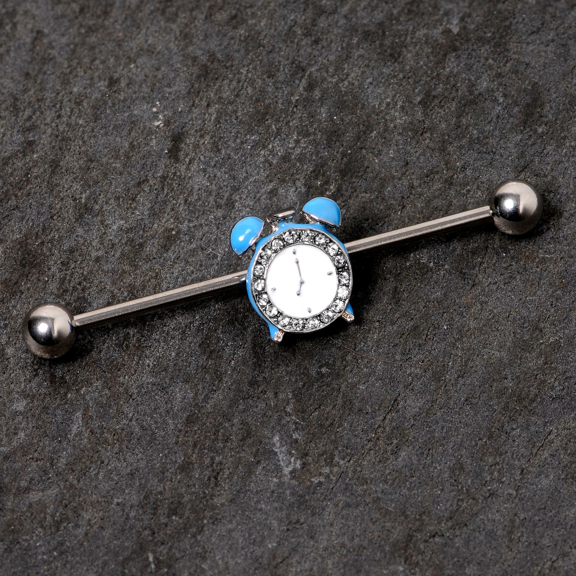 BodyCandy 14G Clear Gem Light Blue Alarm Clock Industrial Barbell 38mm — detail close-up
