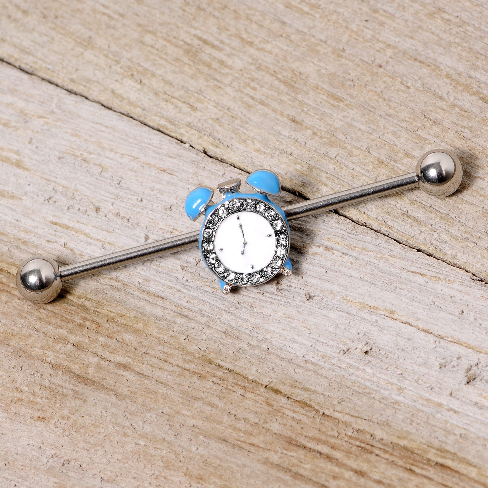 BodyCandy 14G Clear Gem Light Blue Alarm Clock Industrial Barbell 38mm — lifestyle context
