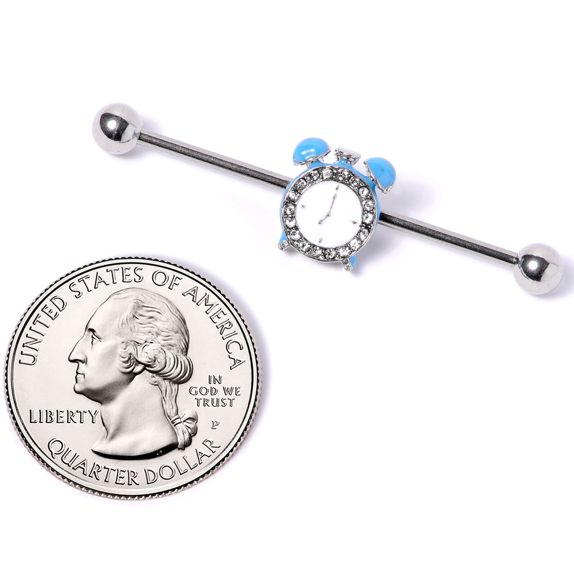 BodyCandy 14G Clear Gem Light Blue Alarm Clock Industrial Barbell 38mm — side view