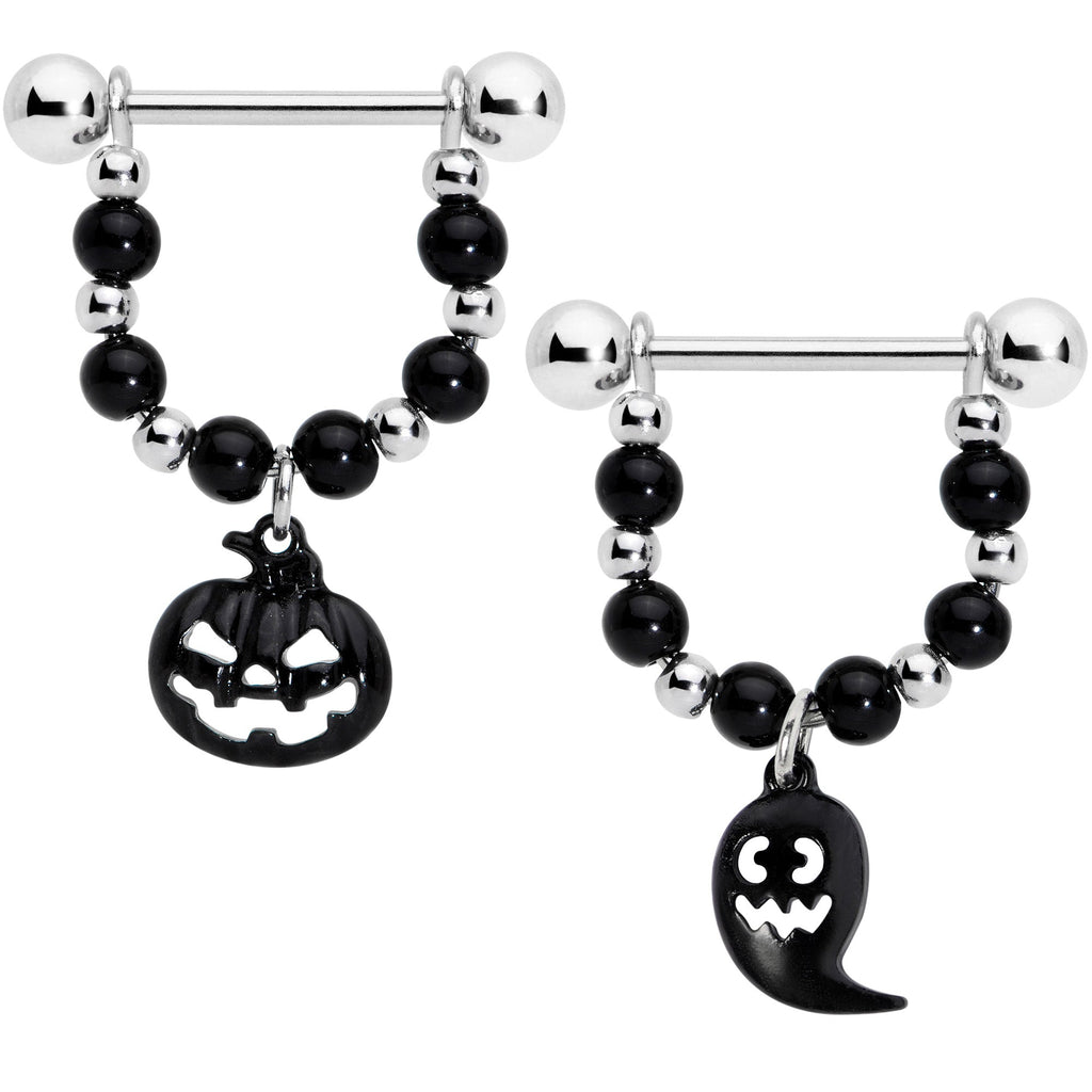 BodyCandy 14G 5/8 Black Pumpkin Ghost Halloween Dangle Nipple Ring Set — main product shot