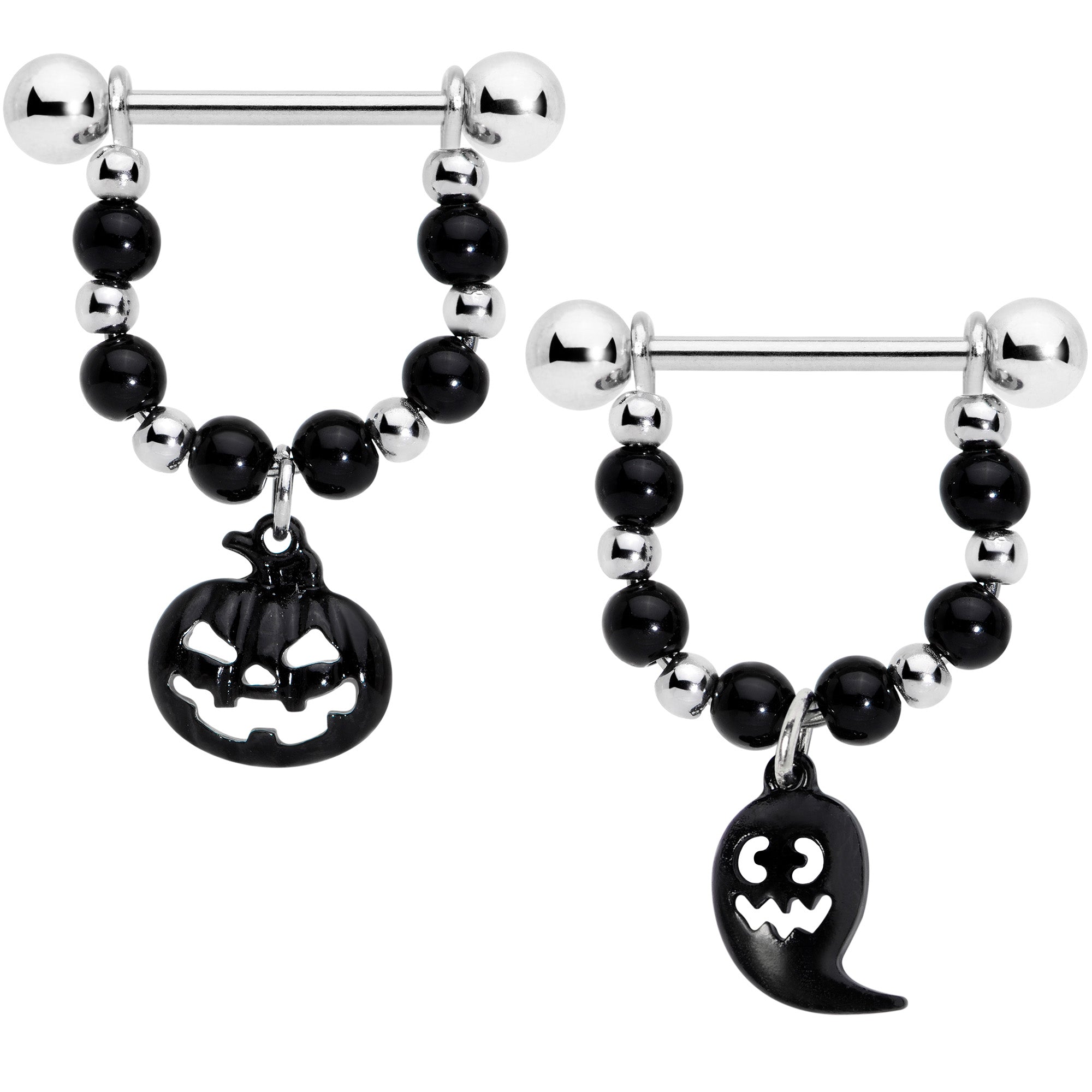 BodyCandy 14G 5/8 Black Pumpkin Ghost Halloween Dangle Nipple Ring Set — main product shot