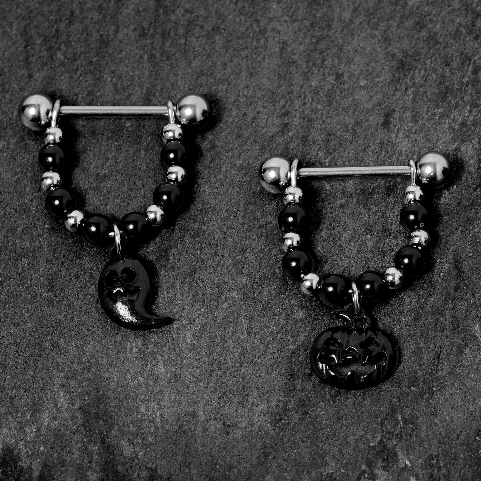 BodyCandy 14G 5/8 Black Pumpkin Ghost Halloween Dangle Nipple Ring Set — lifestyle context