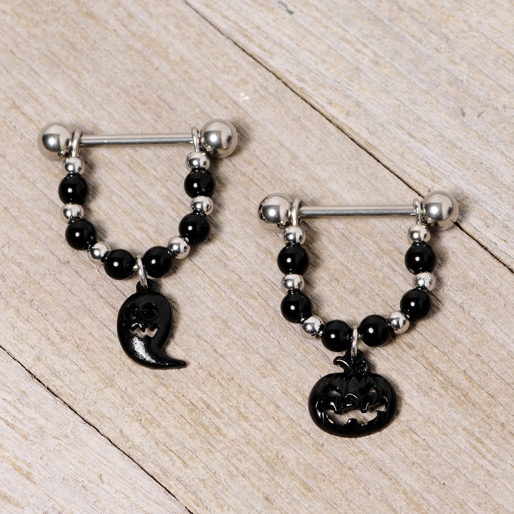 BodyCandy 14G 5/8 Black Pumpkin Ghost Halloween Dangle Nipple Ring Set — side view