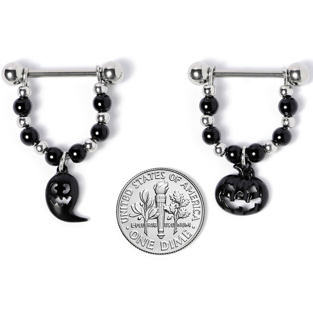 BodyCandy 14G 5/8 Black Pumpkin Ghost Halloween Dangle Nipple Ring Set — back view