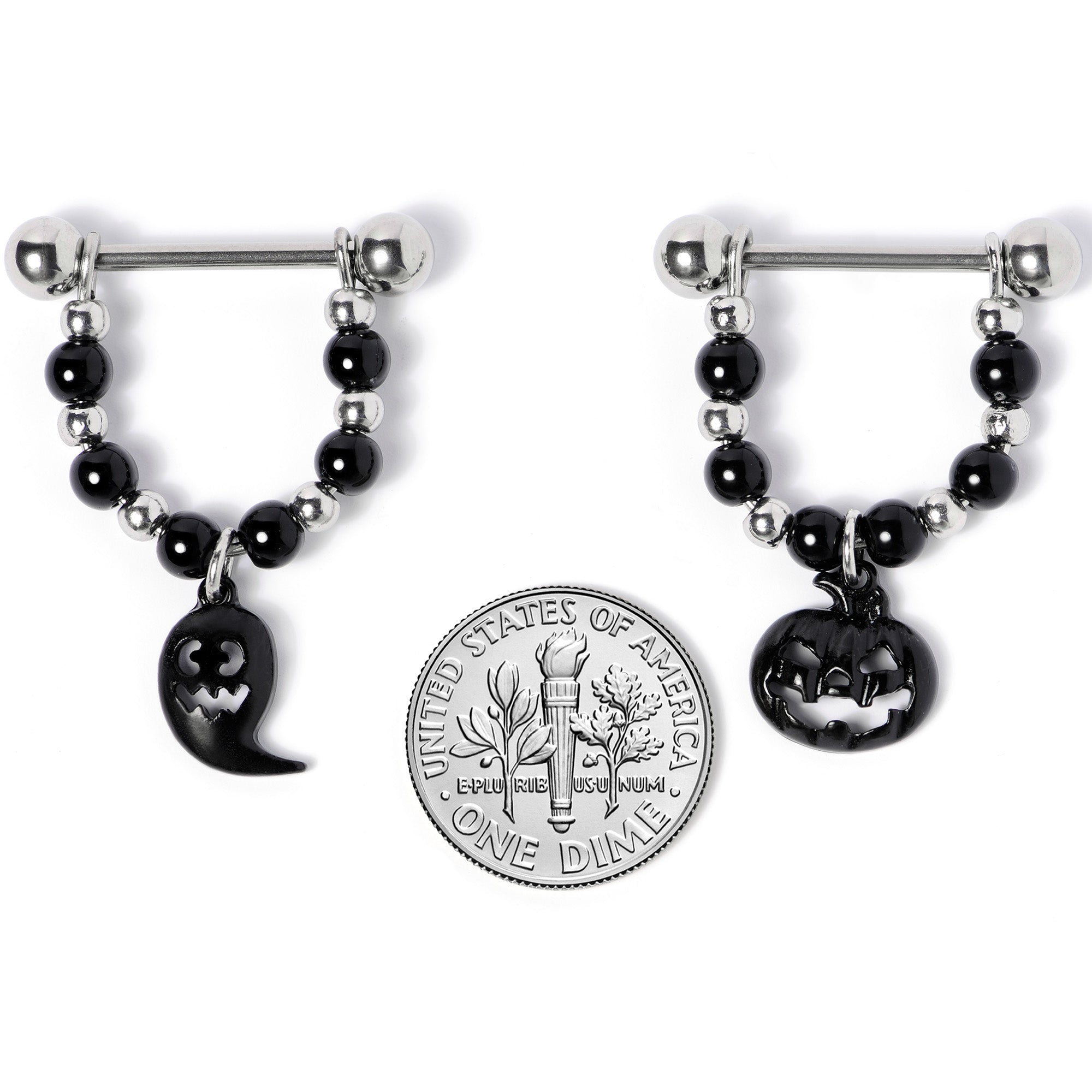 BodyCandy 14G 5/8 Black Pumpkin Ghost Halloween Dangle Nipple Ring Set — back view