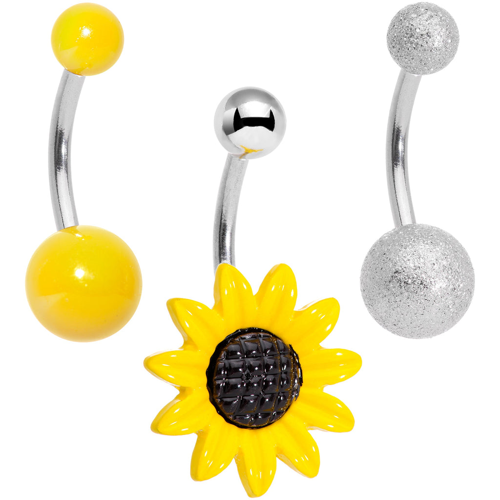 BodyCandy Sandblasted and Yellow UV Glow Sunflower Belly Ring Set of 3 — main product shot
