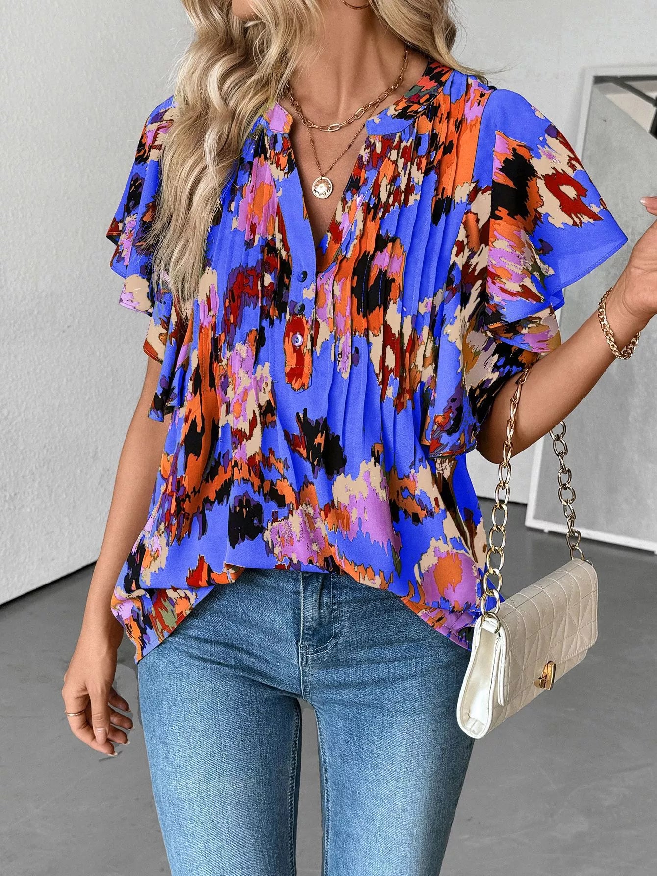 Abstract Print Flutter Sleeve Blouse