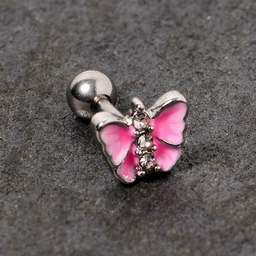 BodyCandy 16G 1/4 Clear Gem Pink Butterfly Cartilage Tragus Earring — detail close-up