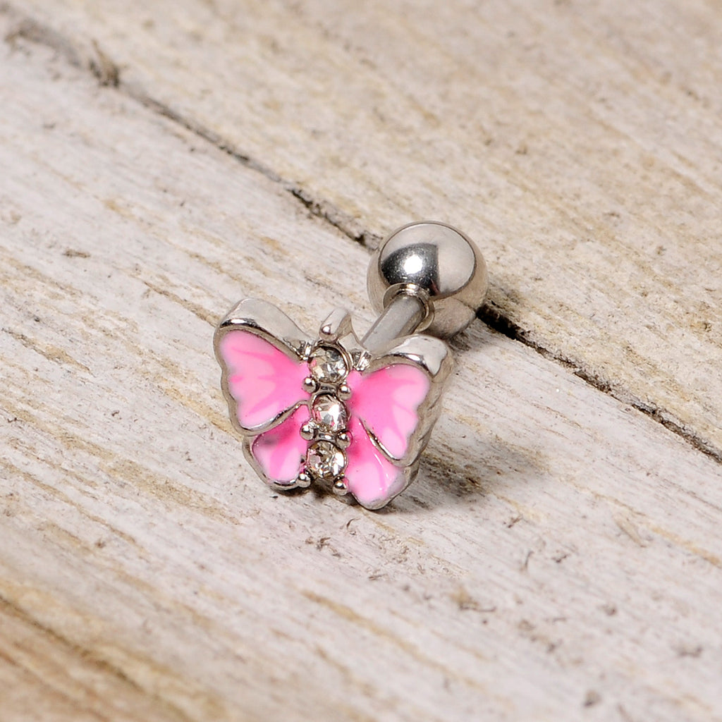 BodyCandy 16G 1/4 Clear Gem Pink Butterfly Cartilage Tragus Earring — side view