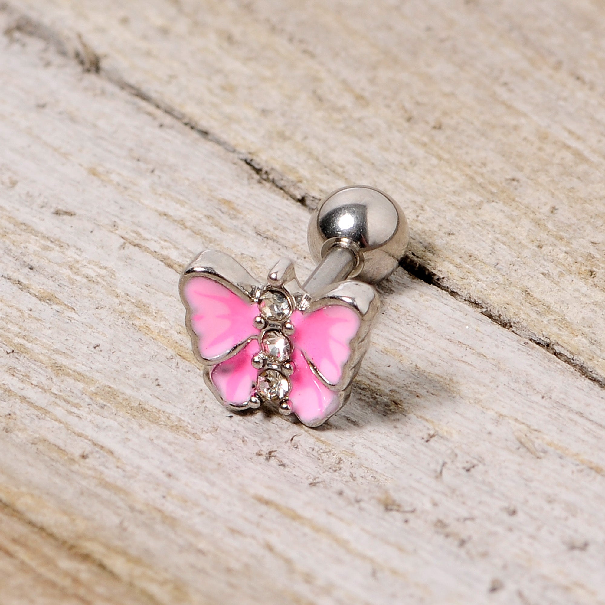BodyCandy 16G 1/4 Clear Gem Pink Butterfly Cartilage Tragus Earring — side view