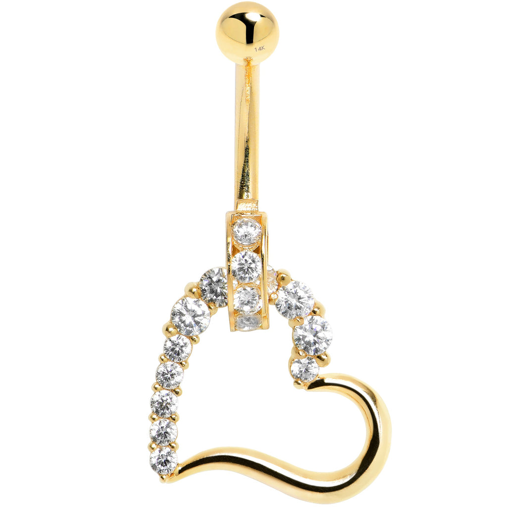 BodyCandy 16G Solid 14K Yellow Gold Cubic Zirconia HOLLOW HEART CHARM Belly Ring — side view