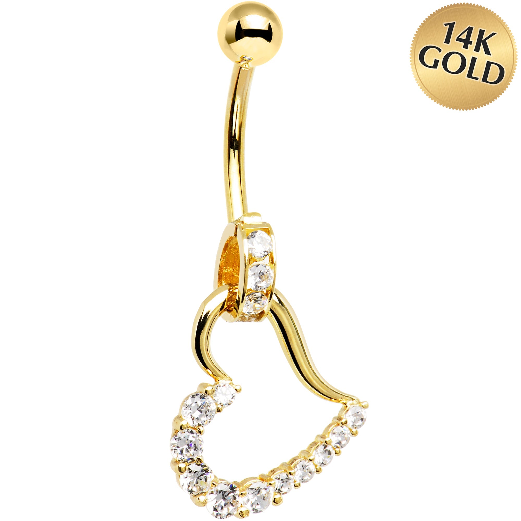 BodyCandy 16G Solid 14K Yellow Gold Cubic Zirconia HOLLOW HEART CHARM Belly Ring — main product shot