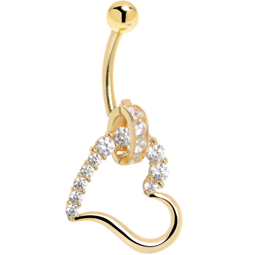 BodyCandy 16G Solid 14K Yellow Gold Cubic Zirconia HOLLOW HEART CHARM Belly Ring — lifestyle context