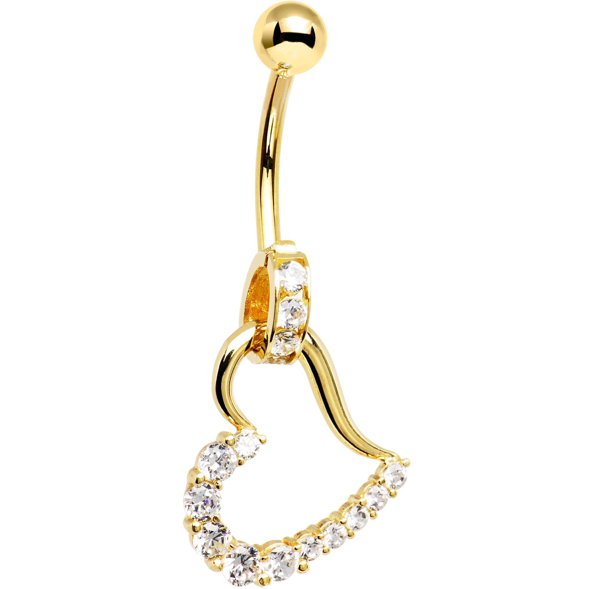 BodyCandy 16G Solid 14K Yellow Gold Cubic Zirconia HOLLOW HEART CHARM Belly Ring — detail close-up