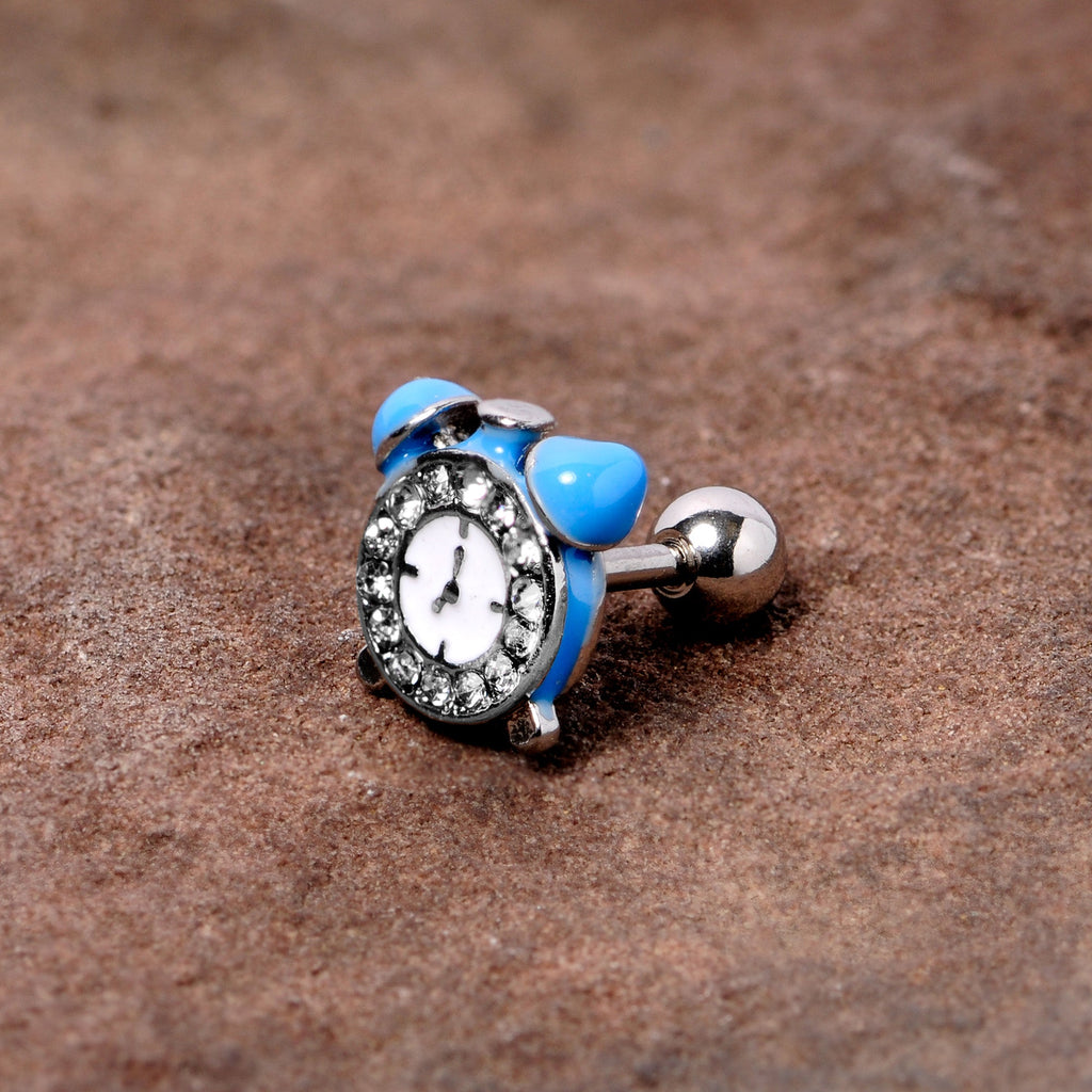 BodyCandy 16G 1/4 Clear Gem Light Blue Alarm Clock Cartilage Tragus Earring — detail close-up
