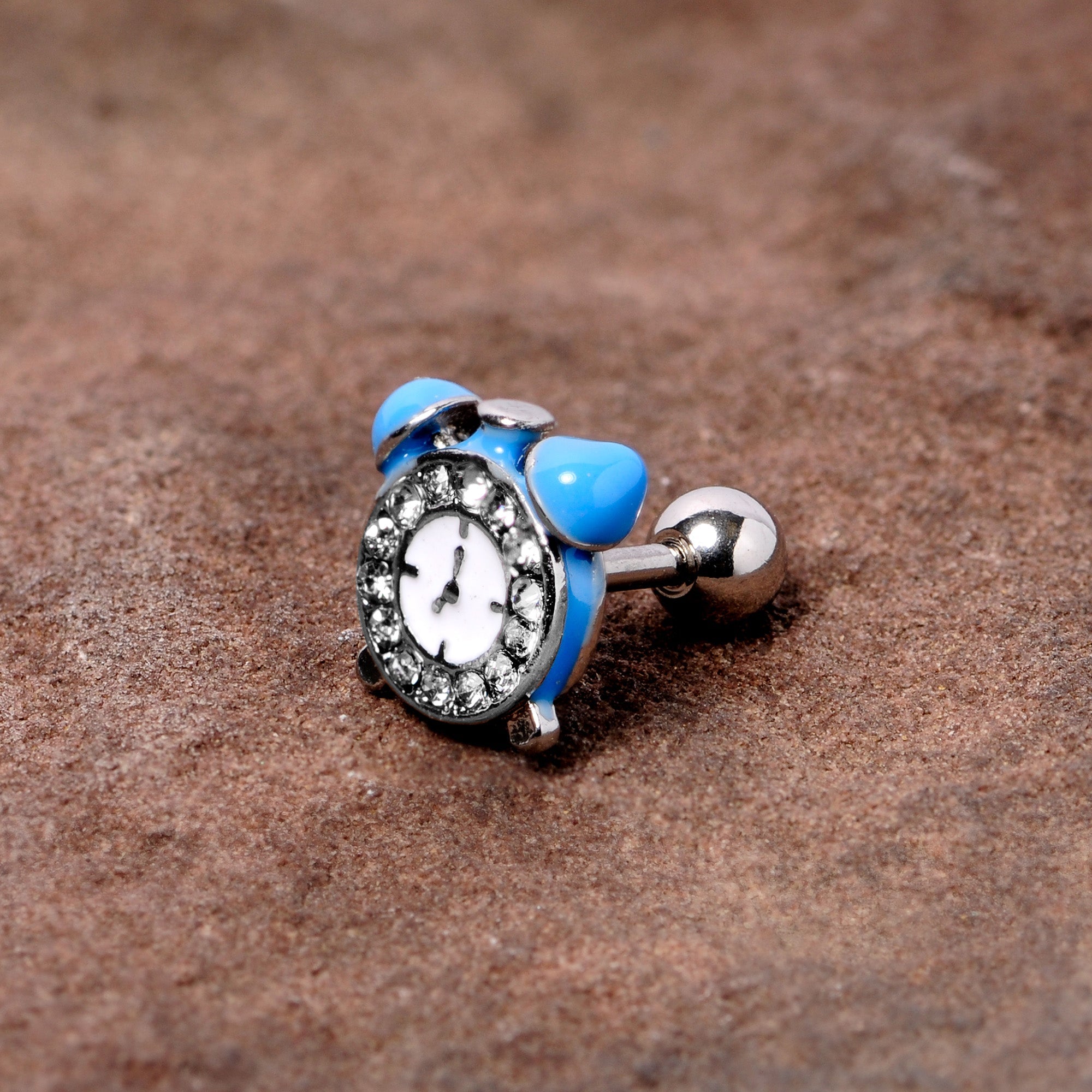 BodyCandy 16G 1/4 Clear Gem Light Blue Alarm Clock Cartilage Tragus Earring — detail close-up