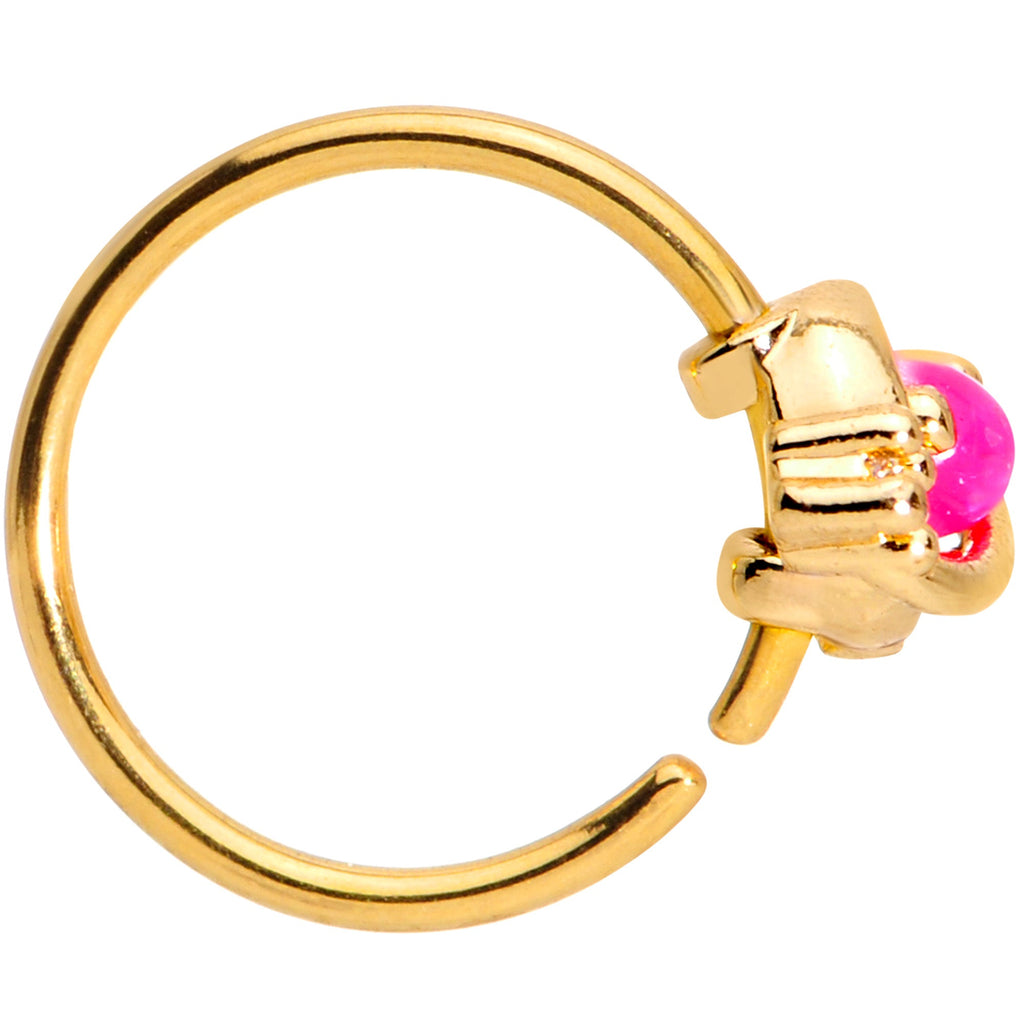 BodyCandy 20G 5/16 Clear CZ Gem Pink Faux Opal Gold Tone Planet Nose Hoop — detail close-up