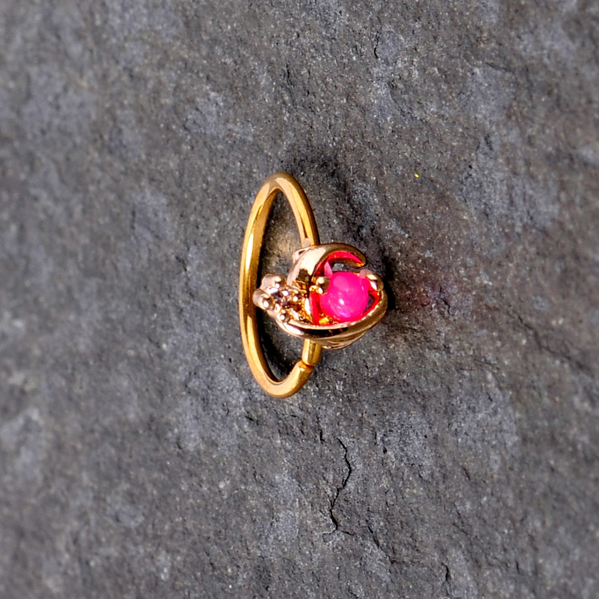 BodyCandy 20G 5/16 Clear CZ Gem Pink Faux Opal Gold Tone Planet Nose Hoop — lifestyle context