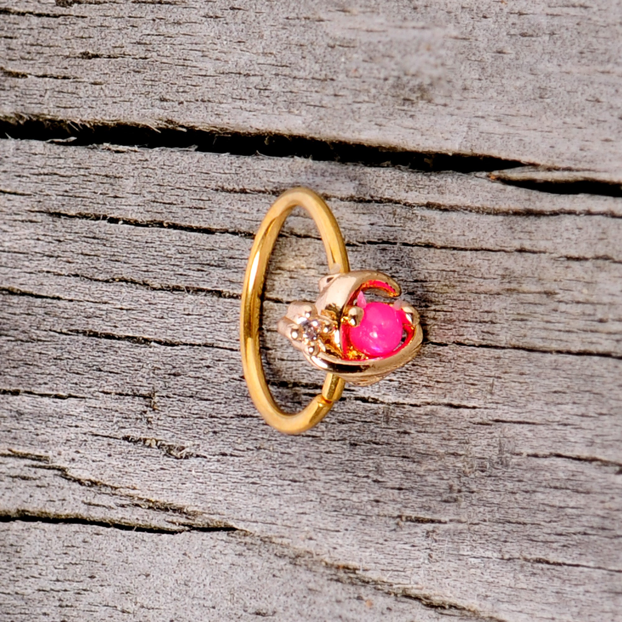 BodyCandy 20G 5/16 Clear CZ Gem Pink Faux Opal Gold Tone Planet Nose Hoop — side view