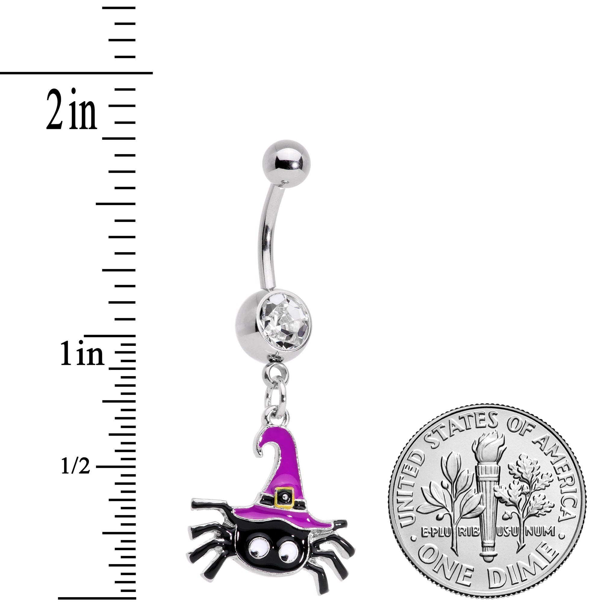 BodyCandy Clear Gem Black Purple Witchy Spider Halloween Dangle Belly Ring — detail close-up