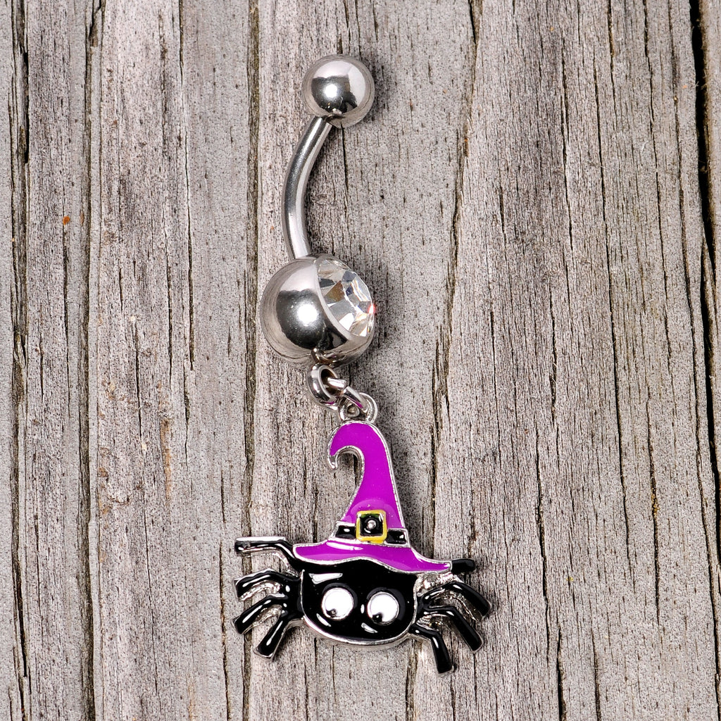 BodyCandy Clear Gem Black Purple Witchy Spider Halloween Dangle Belly Ring — side view