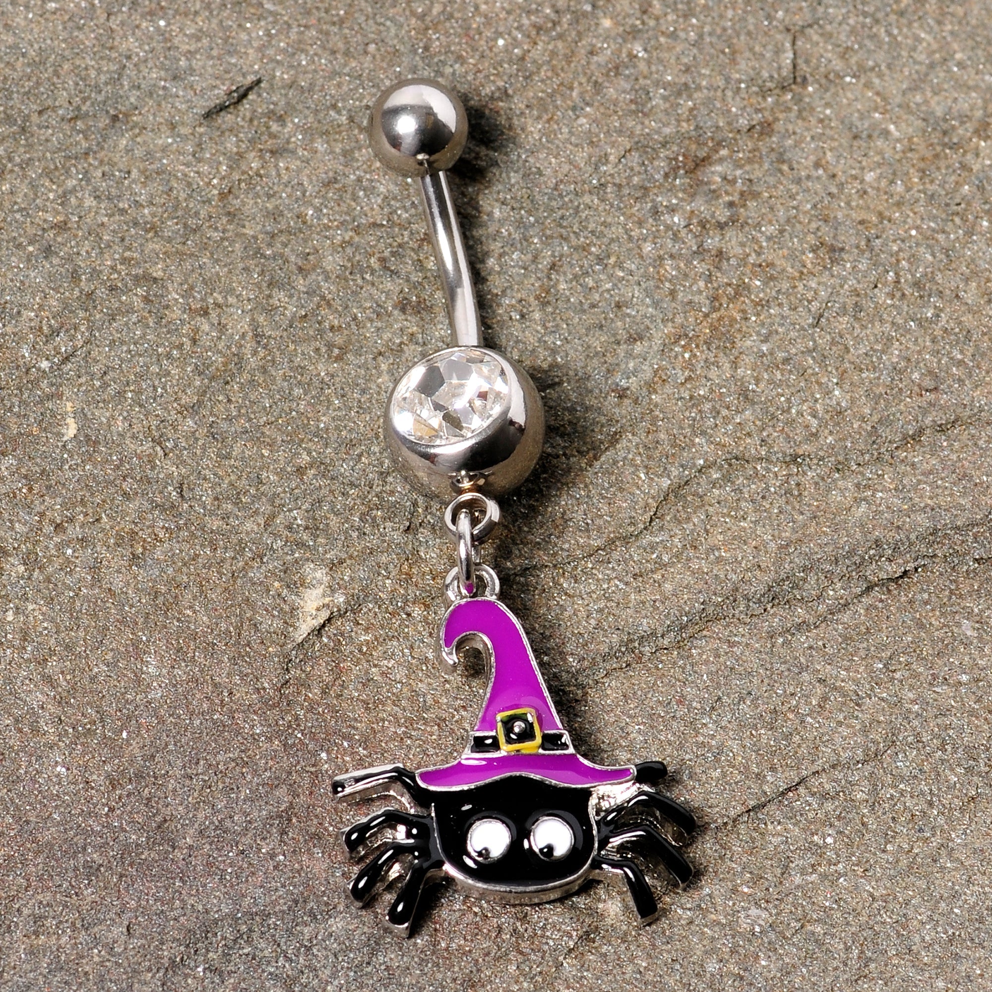 BodyCandy Clear Gem Black Purple Witchy Spider Halloween Dangle Belly Ring — back view