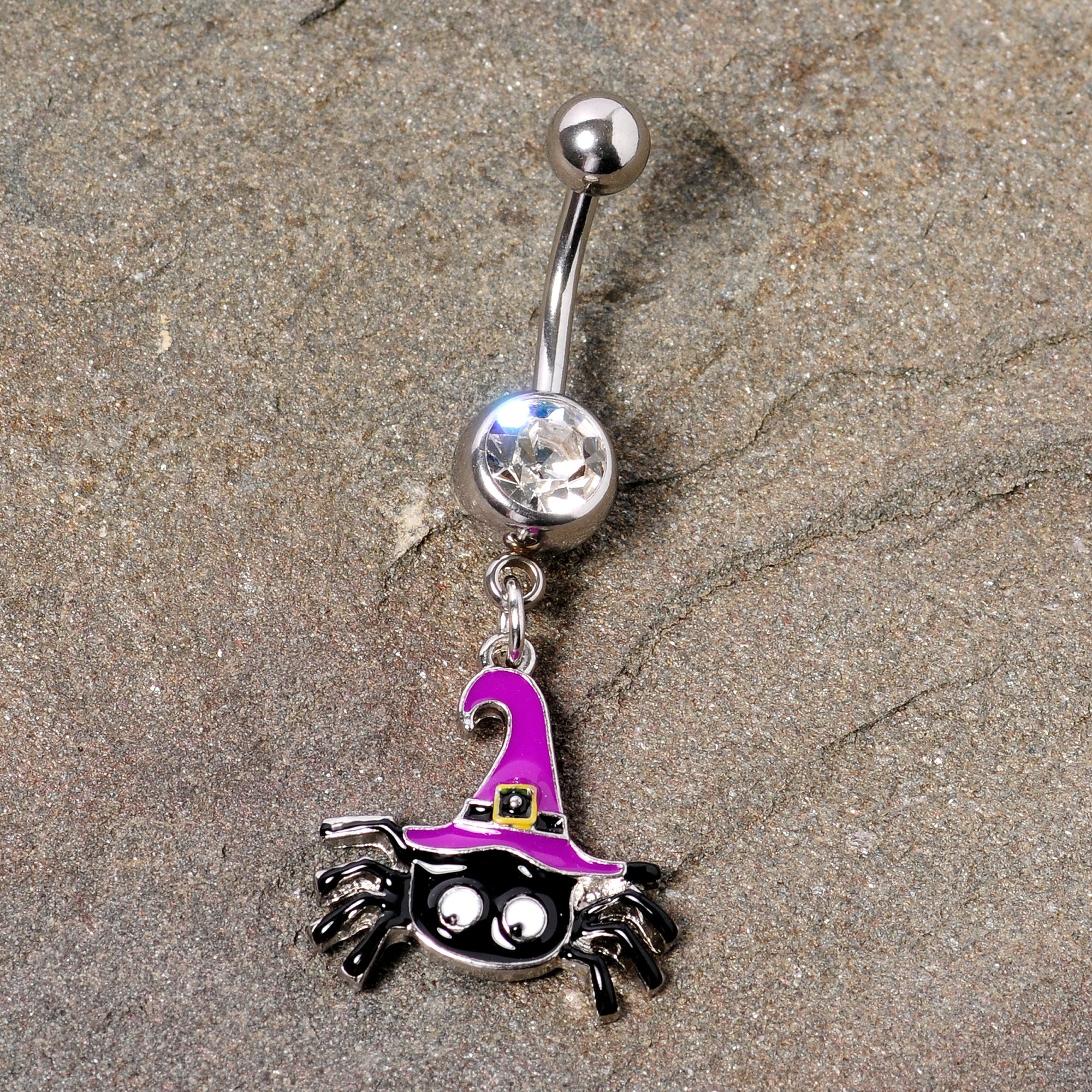 BodyCandy Clear Gem Black Purple Witchy Spider Halloween Dangle Belly Ring — alternative angle