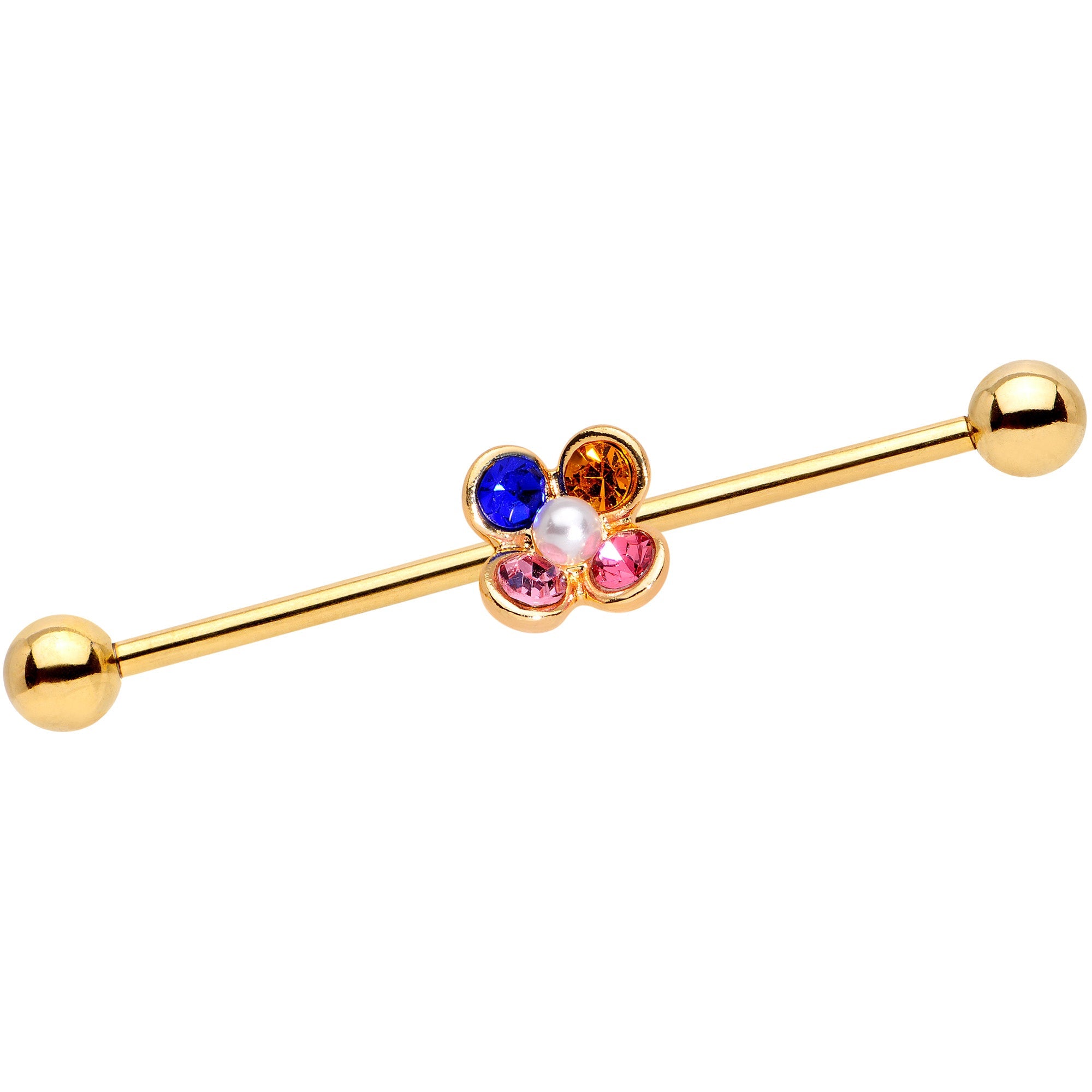 BodyCandy 14G Pink Blue Yellow Gem Gold Tone Flower Industrial Barbell 38mm — main product shot