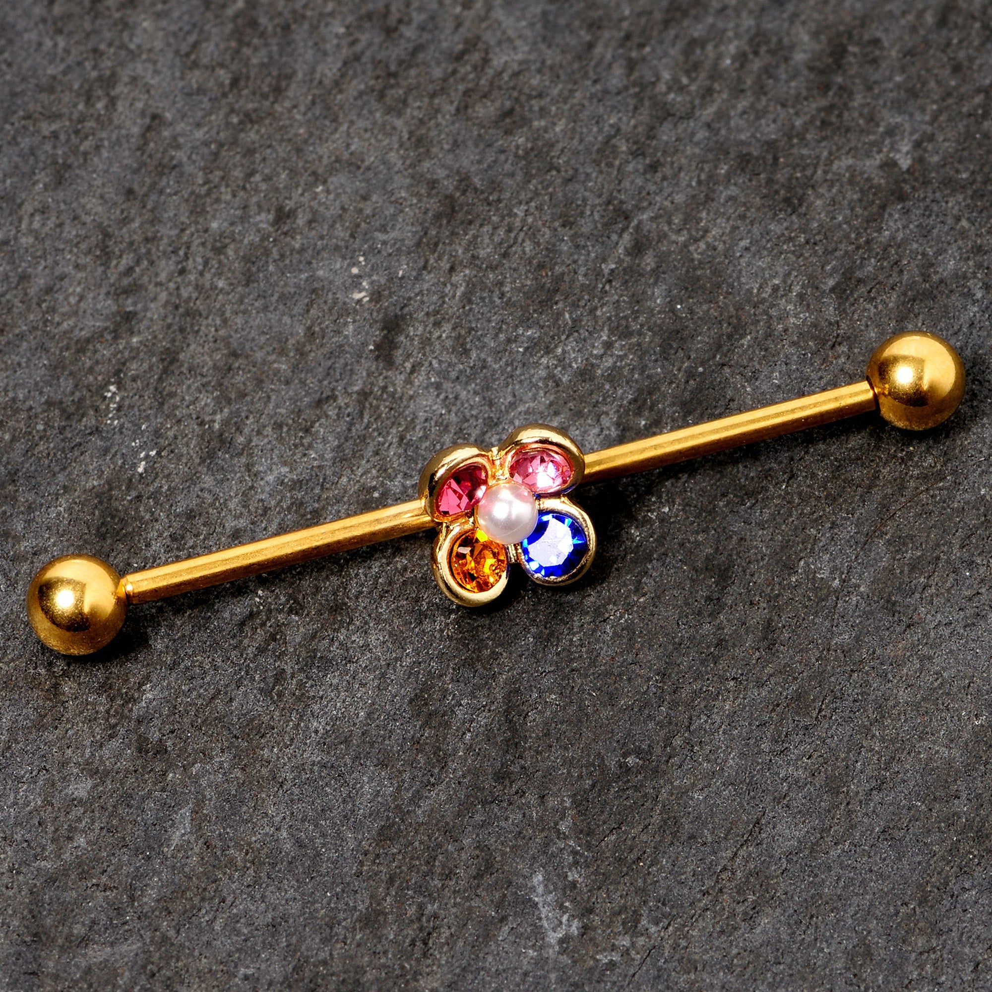 BodyCandy 14G Pink Blue Yellow Gem Gold Tone Flower Industrial Barbell 38mm — detail close-up