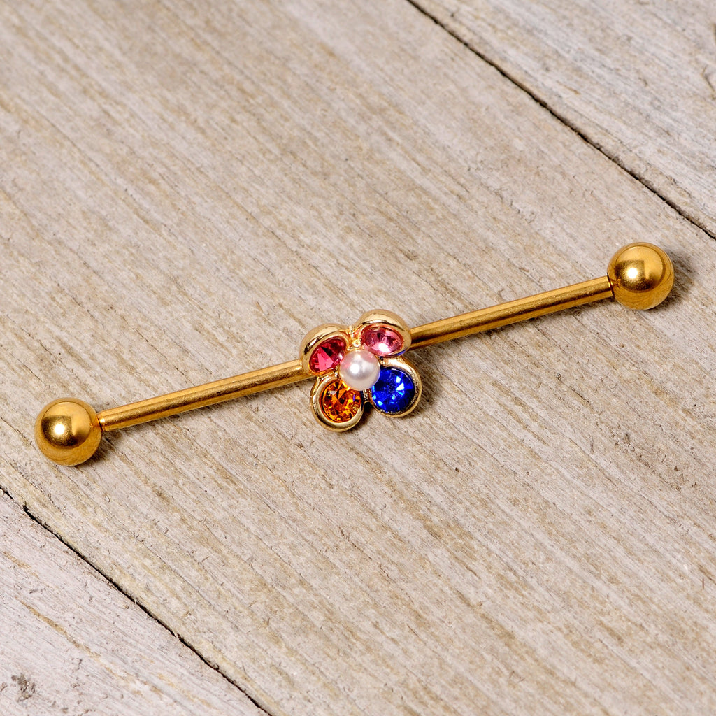 BodyCandy 14G Pink Blue Yellow Gem Gold Tone Flower Industrial Barbell 38mm — lifestyle context
