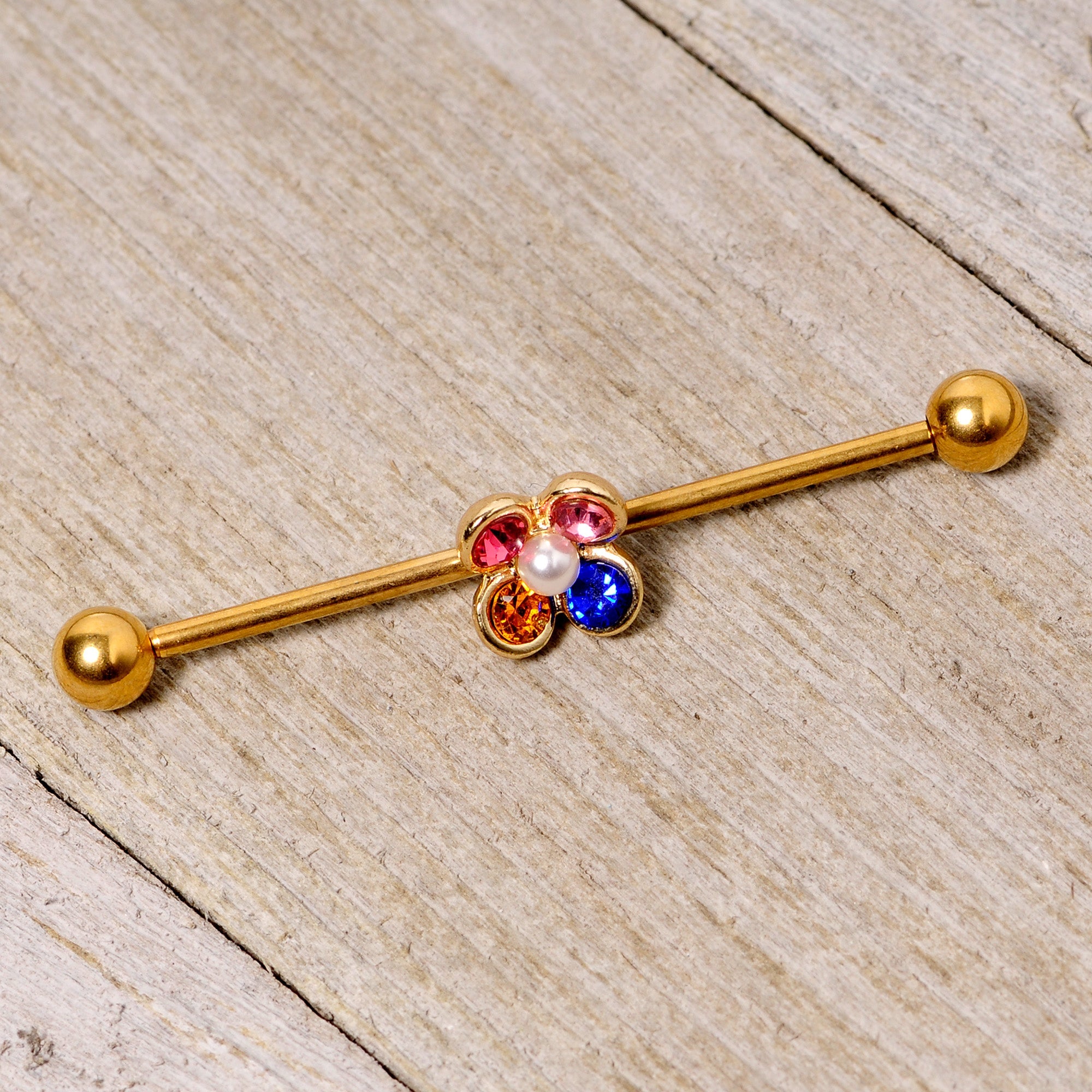 BodyCandy 14G Pink Blue Yellow Gem Gold Tone Flower Industrial Barbell 38mm — lifestyle context