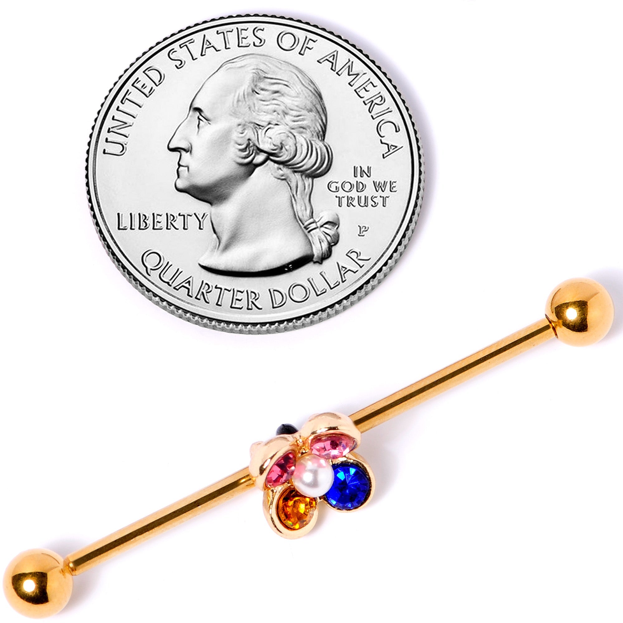 BodyCandy 14G Pink Blue Yellow Gem Gold Tone Flower Industrial Barbell 38mm — side view