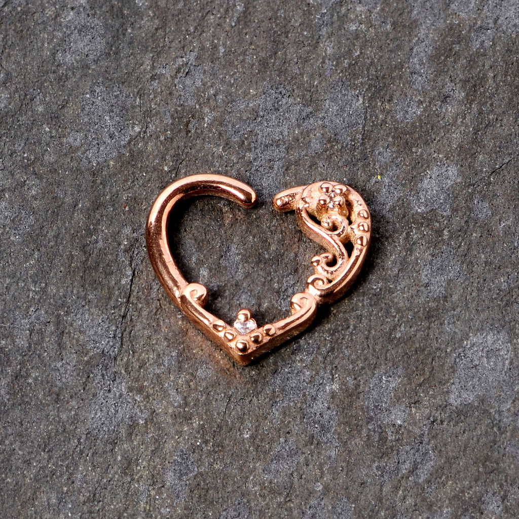 BodyCandy 16G 3/8 Clear CZ Gem Rose Gold Tone Heart Left Ear Closure Ring — detail close-up