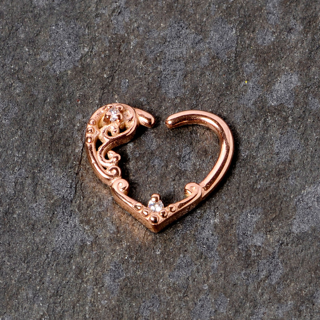 BodyCandy 16G 3/8 Clear CZ Gem Rose Gold Tone Heart Right Ear Closure Ring — detail close-up