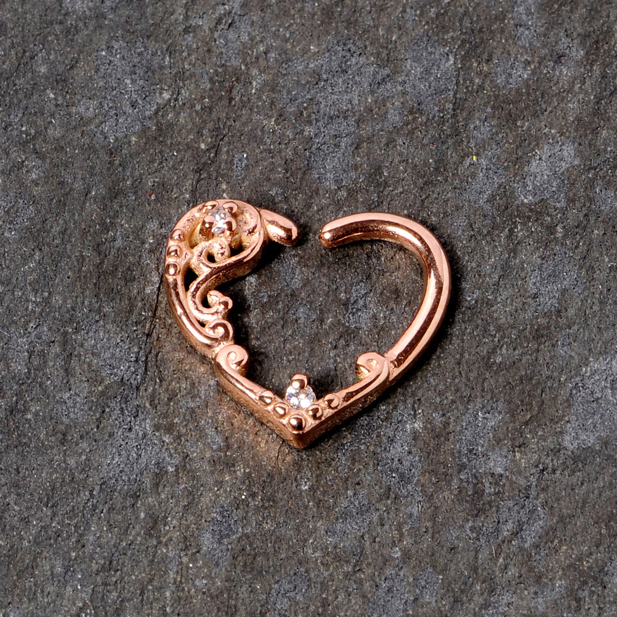 BodyCandy 16G 3/8 Clear CZ Gem Rose Gold Tone Heart Right Ear Closure Ring — detail close-up