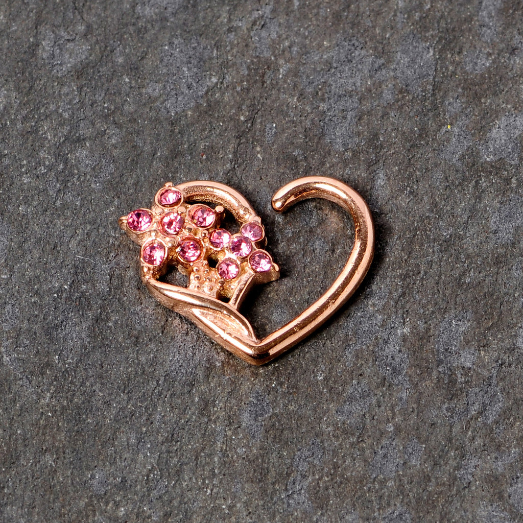 BodyCandy 16G 3/8 Pink Gem Rose Gold Tone Heart Right Ear Closure Ring — detail close-up