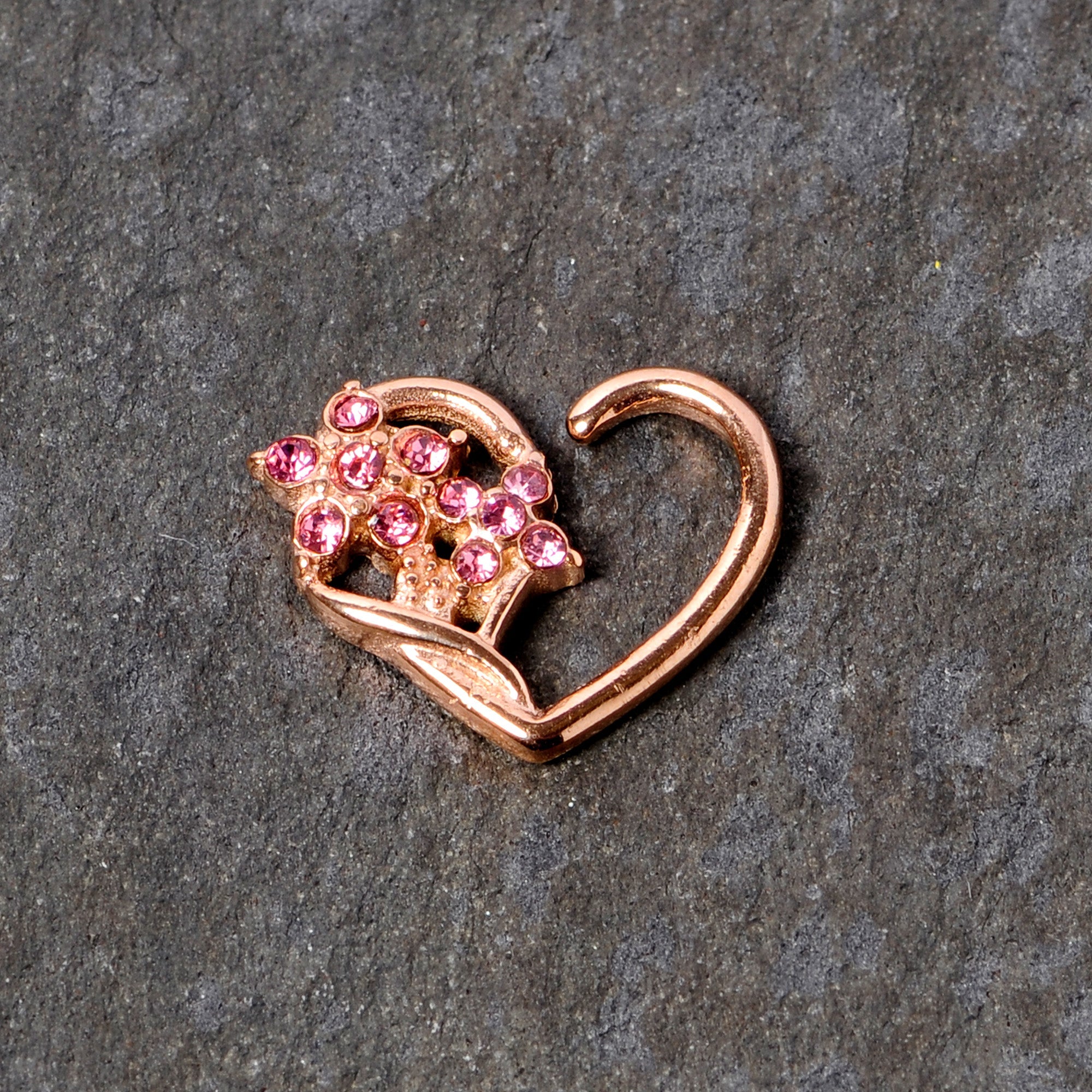 BodyCandy 16G 3/8 Pink Gem Rose Gold Tone Heart Right Ear Closure Ring — detail close-up