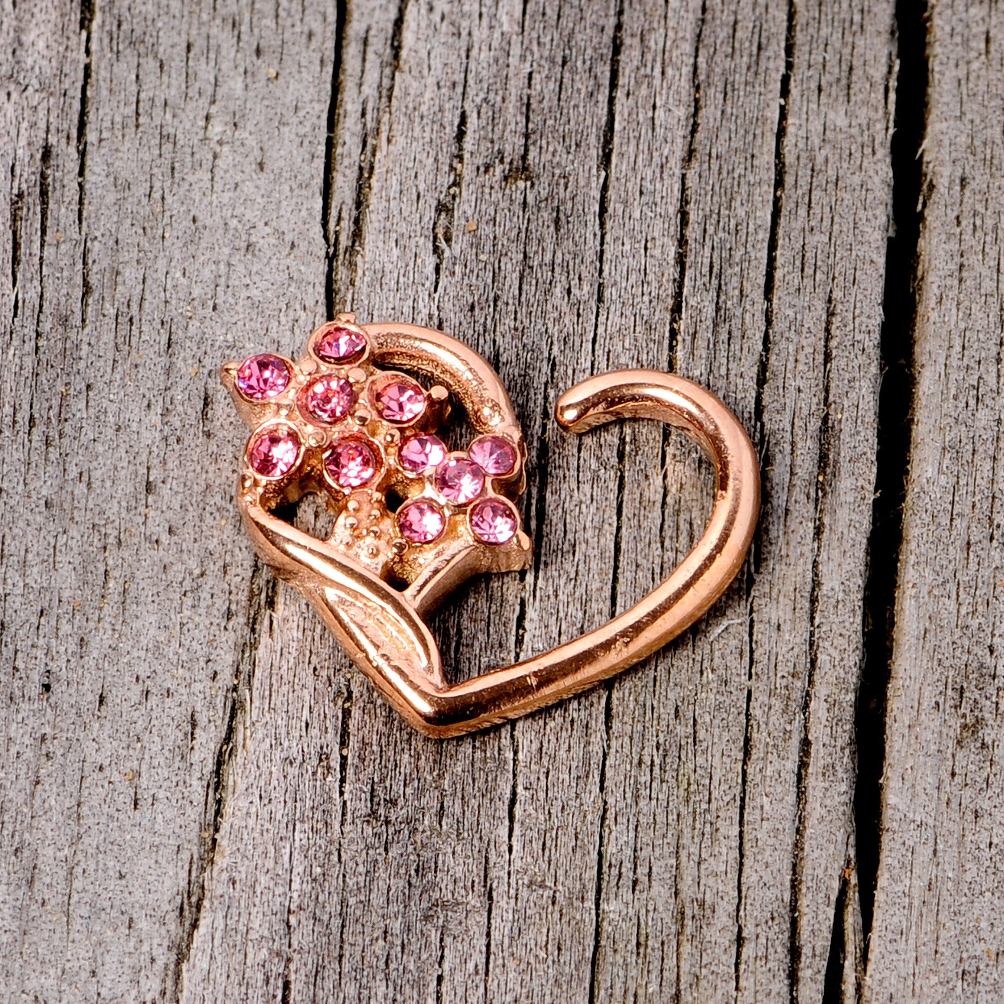 BodyCandy 16G 3/8 Pink Gem Rose Gold Tone Heart Right Ear Closure Ring — lifestyle context