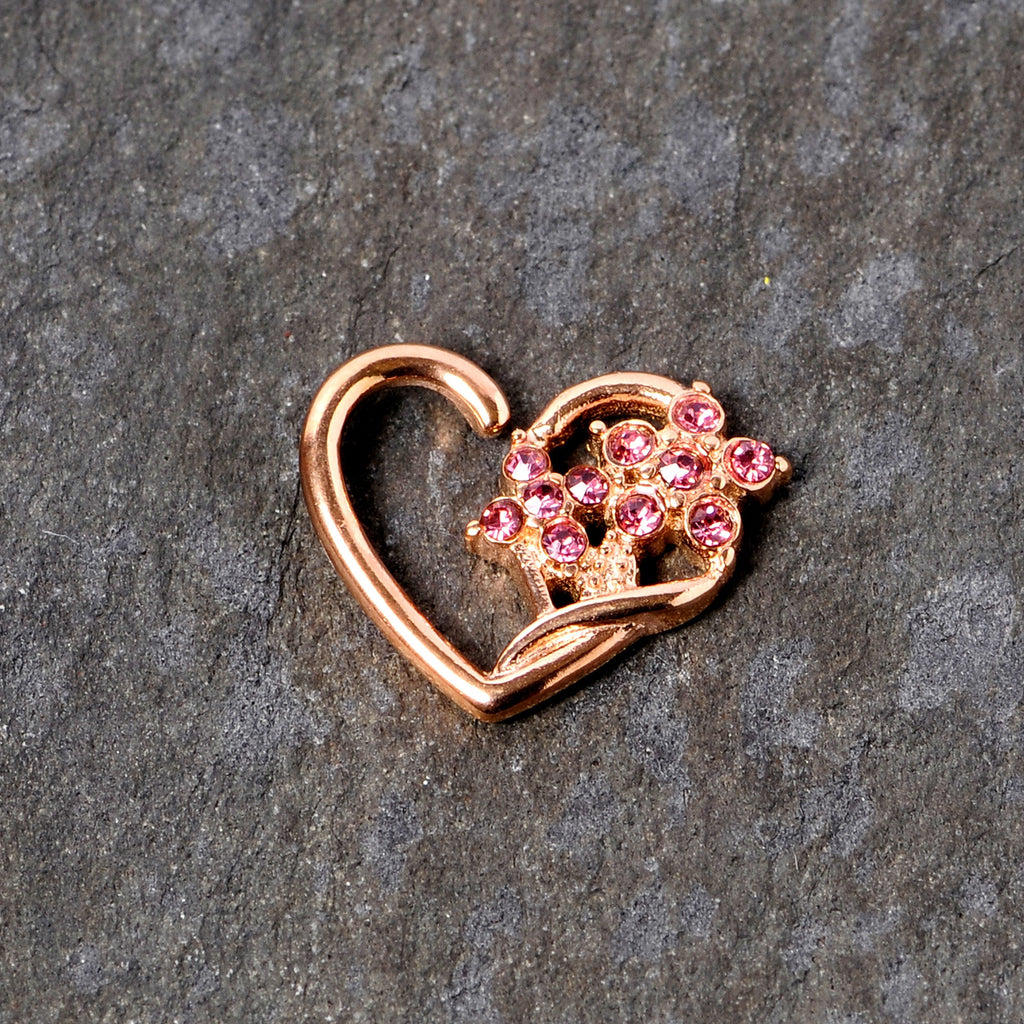 BodyCandy 16G 3/8 Pink Gem Rose Gold Tone Heart Left Ear Closure Ring — detail close-up