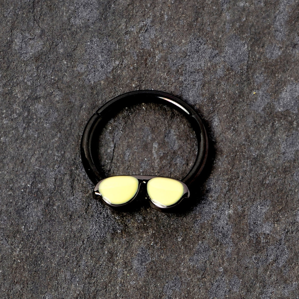 BodyCandy 16G 3/8 Black Yellow Aviator Sunglasses Hinged Segment Ring — detail close-up