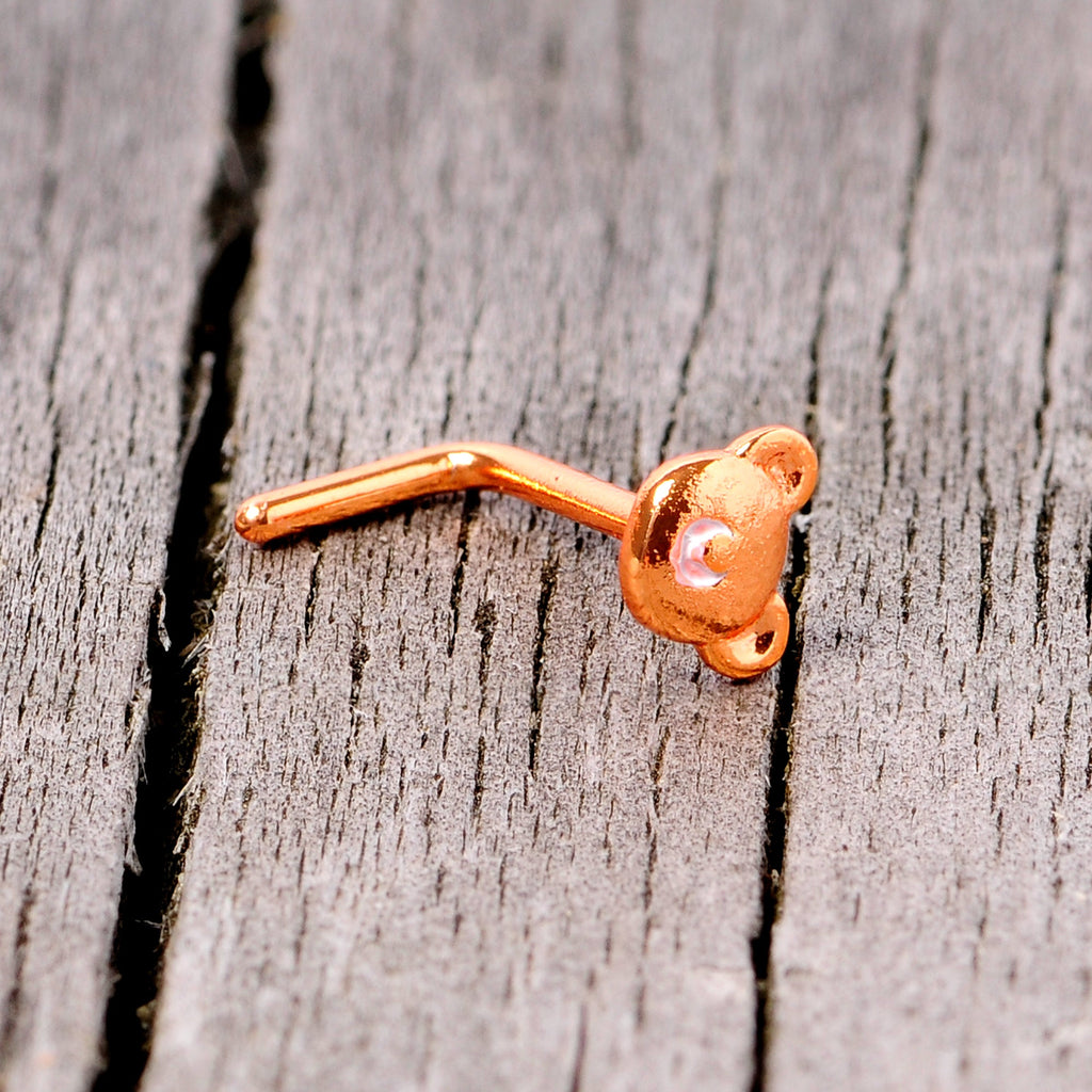 BodyCandy 20G 5/16 Rose Gold Tone Tiny Teddy Bear L Shaped Nose Ring — in-use photo