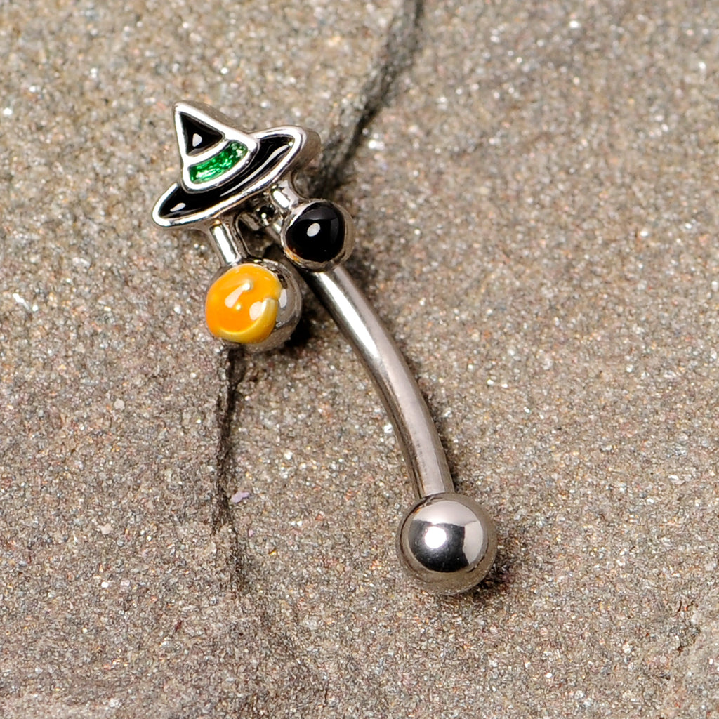 BodyCandy 16G 5/16 Black Green Witches Hat Halloween Curved Eyebrow Ring — detail close-up