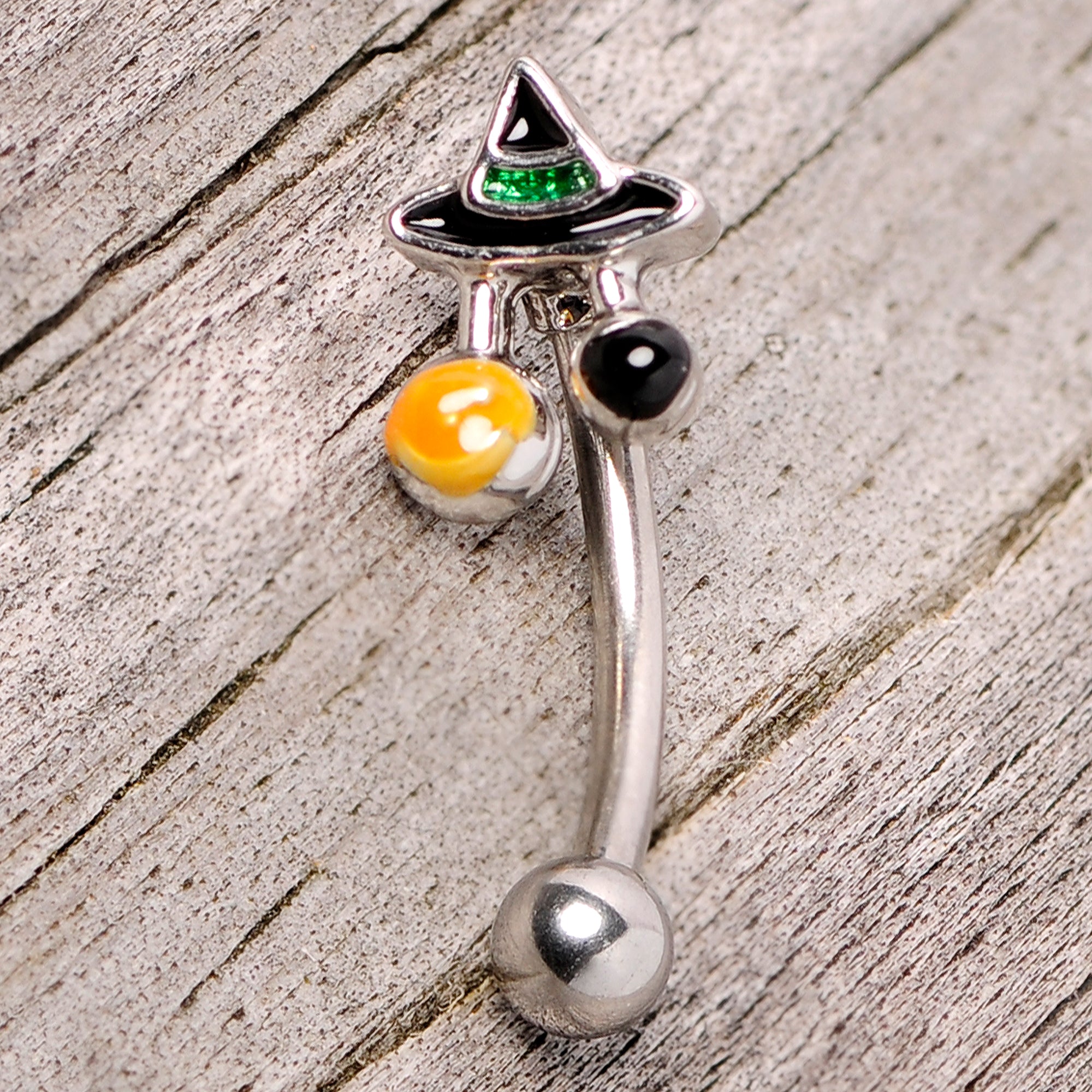 BodyCandy 16G 5/16 Black Green Witches Hat Halloween Curved Eyebrow Ring — lifestyle context