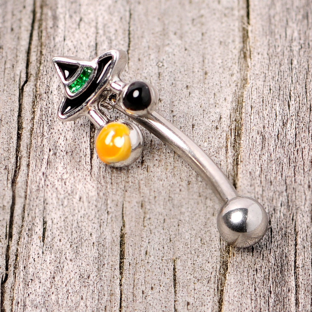 BodyCandy 16G 5/16 Black Green Witches Hat Halloween Curved Eyebrow Ring — side view