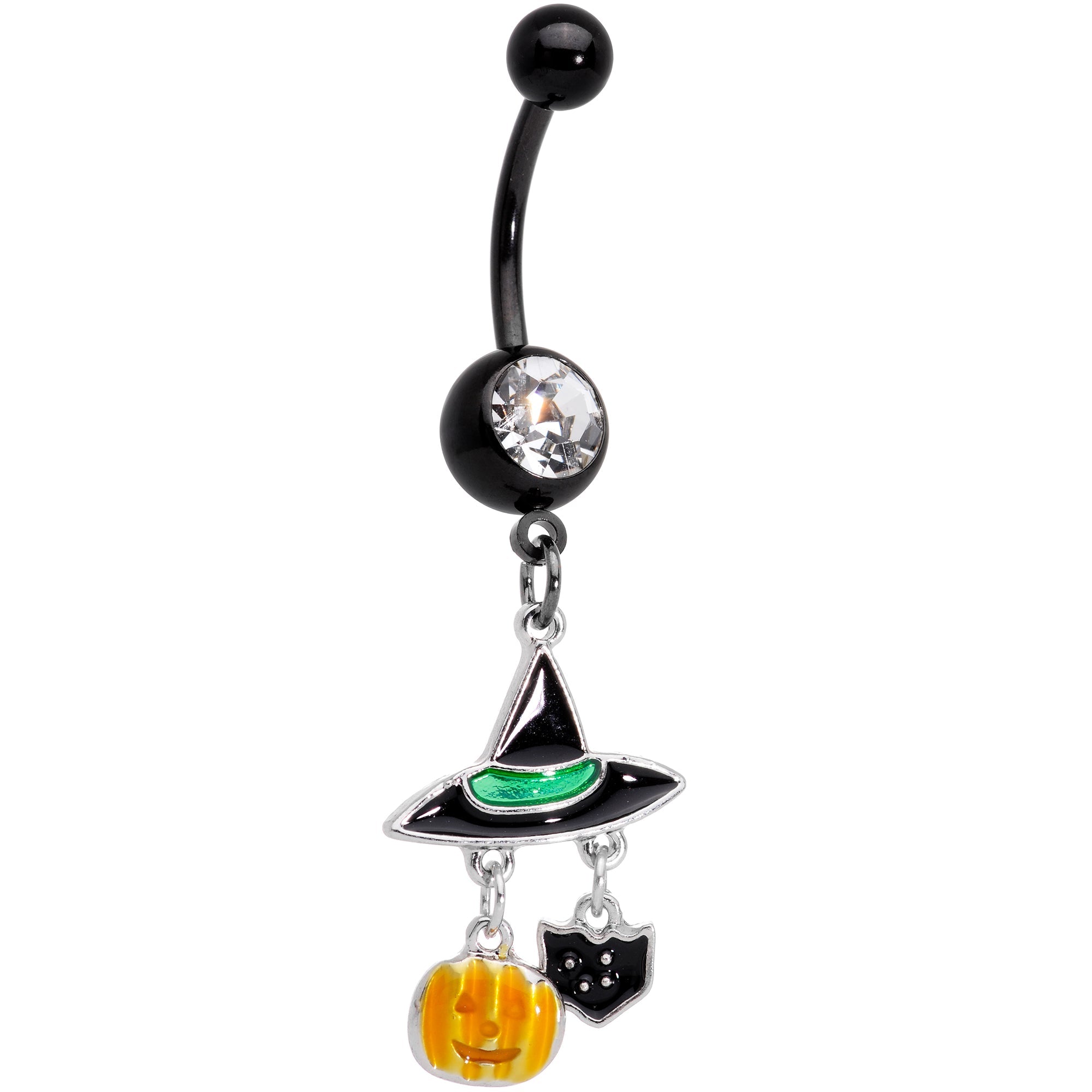 BodyCandy Clear Gem Black Cat Witch Hat Halloween Dangle Belly Ring — main product shot
